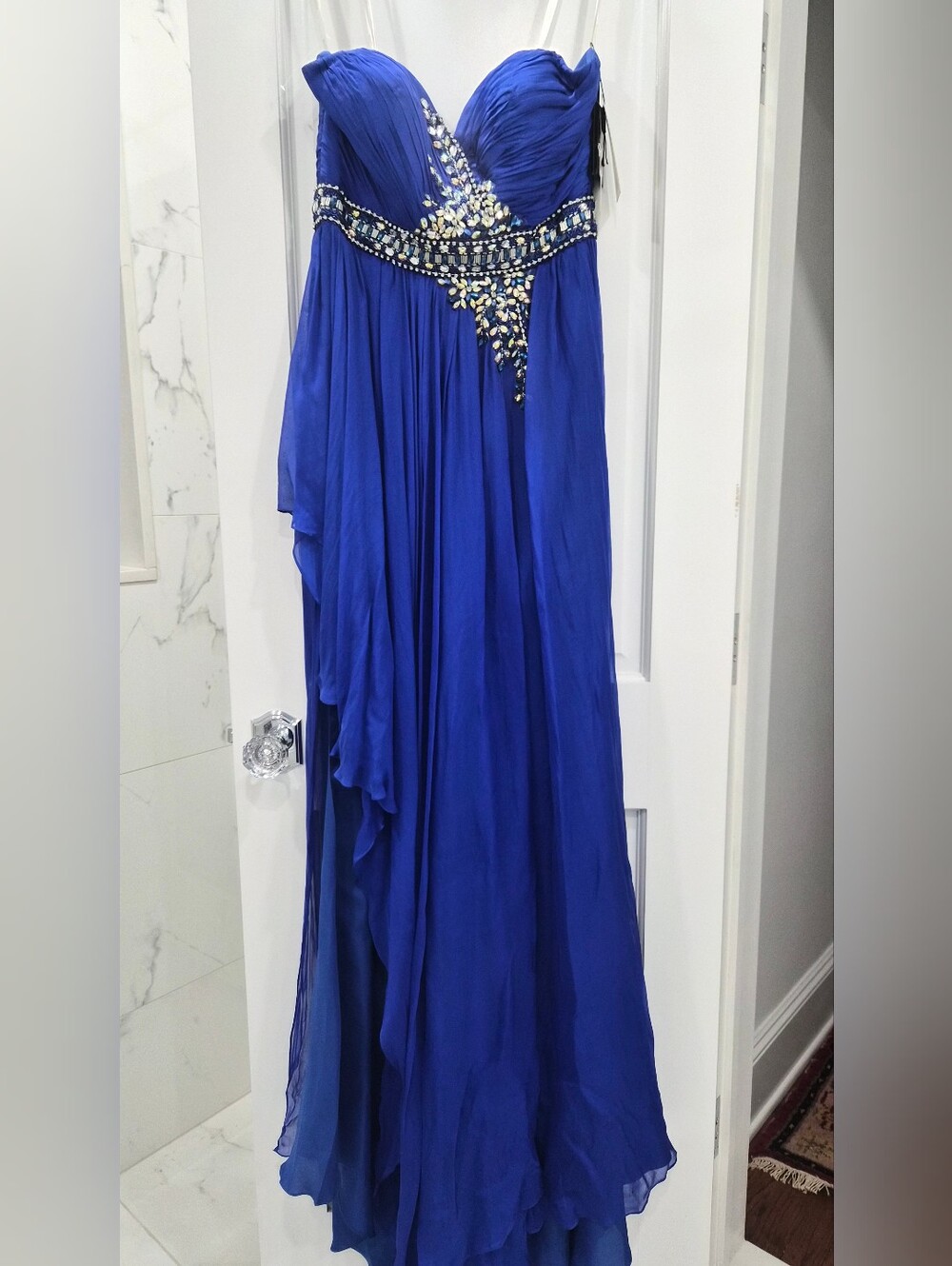 Terani Couture Cobalt Blue Strapless Beaded Chiffon Gown